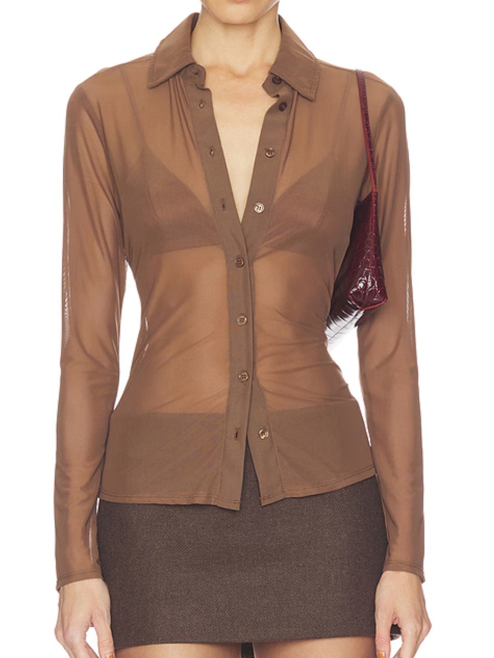 Good American mesh Brown Sheer Button-Up Shirt - Women's Top! New! S